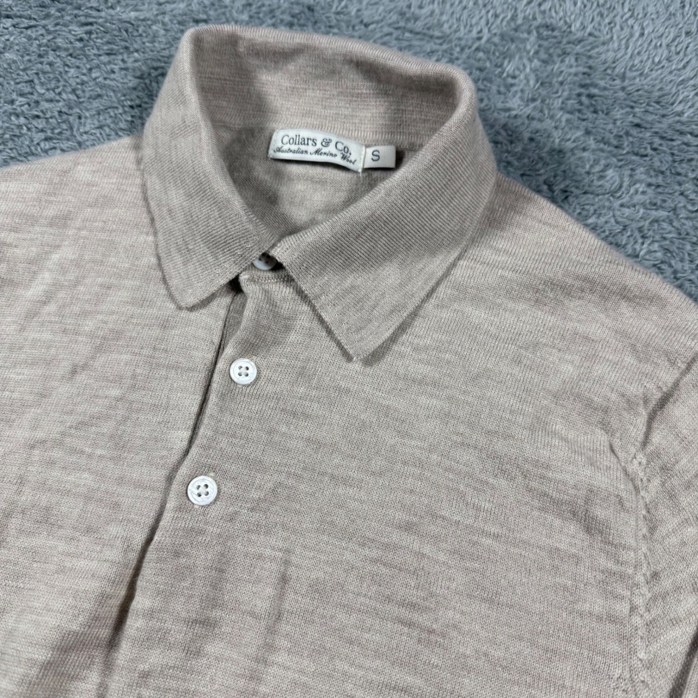 Collars & Co. Polo Sweater Mens S Beige Australian Merino Wool Long Sleeve